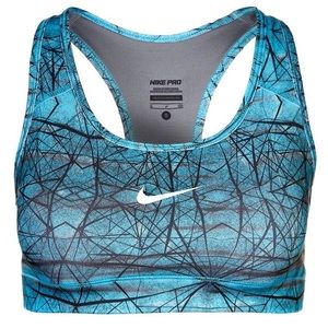 Blue patterned Nike Pro DRI-FIT sports bra